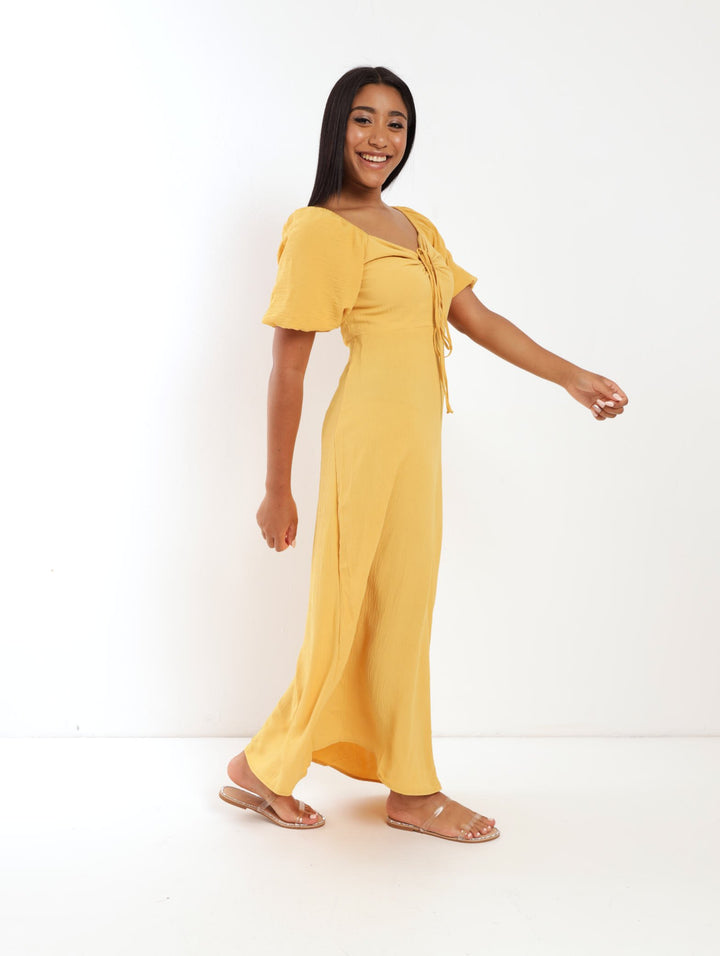 Ladies 3/4 Puff Sleeve Printed Tie Front Dress - Yellow