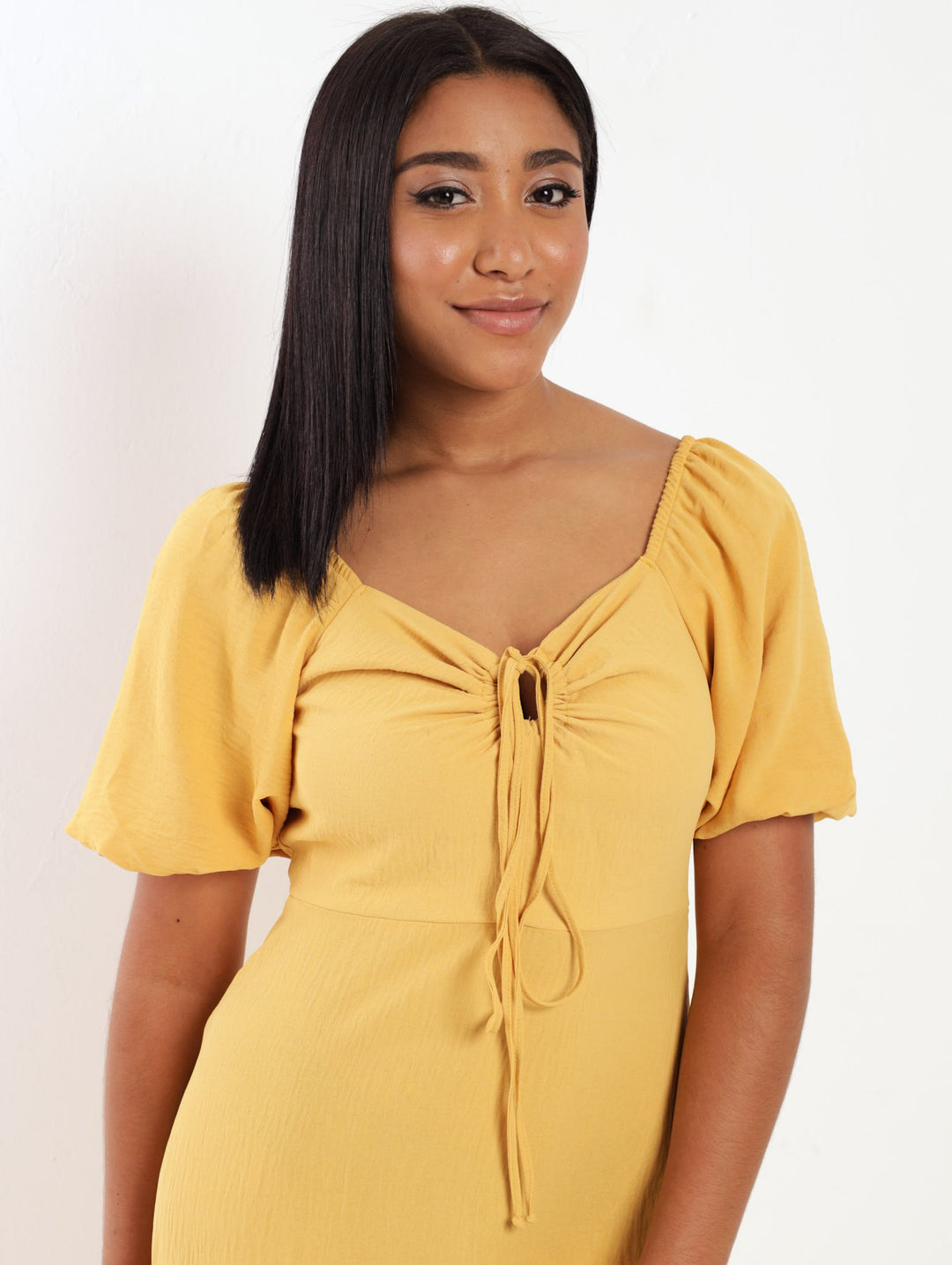 Ladies 3/4 Puff Sleeve Printed Tie Front Dress - Yellow