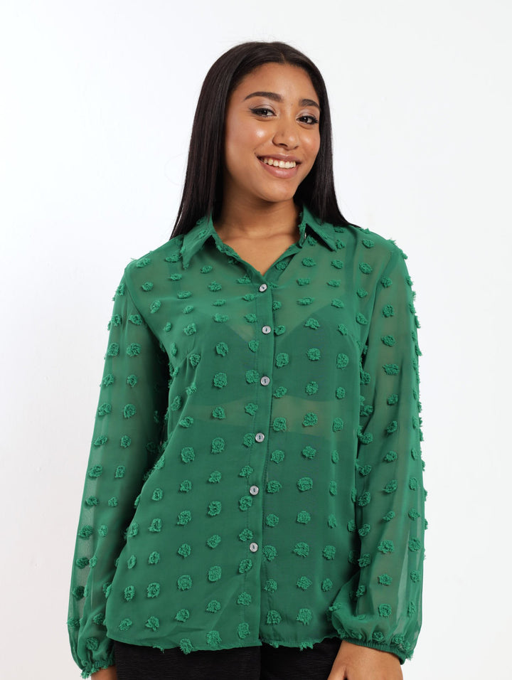 Ladies Long Sleeve Clipped Chiffon Shirt - Green