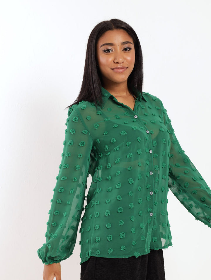 Ladies Long Sleeve Clipped Chiffon Shirt - Green