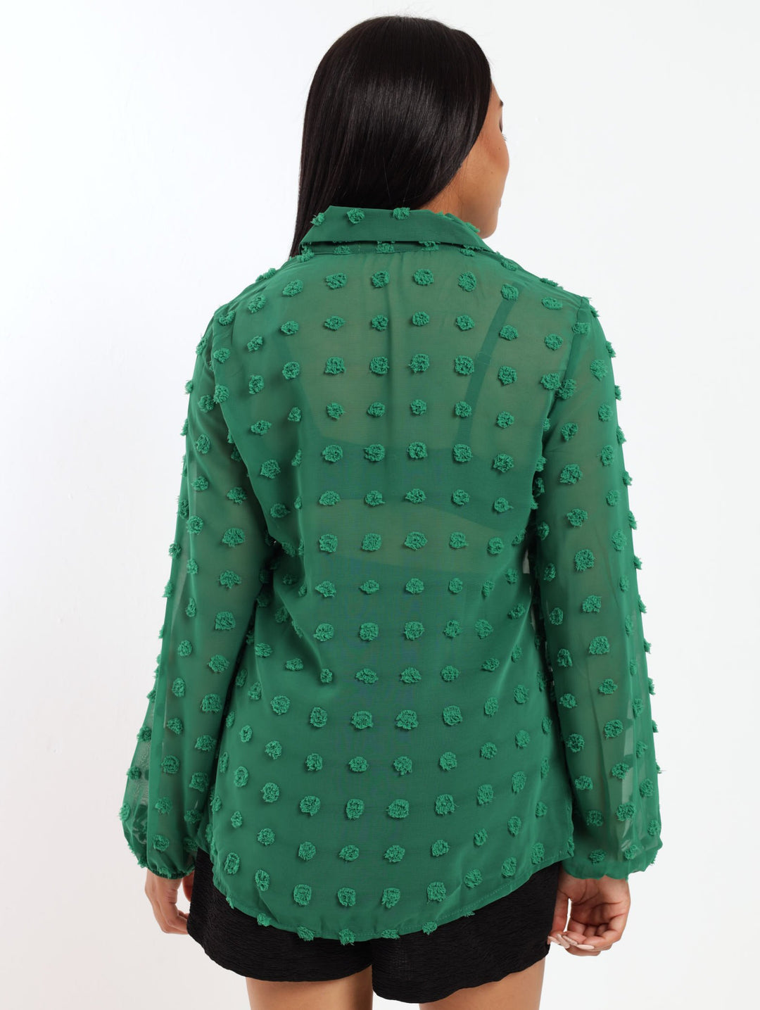Ladies Long Sleeve Clipped Chiffon Shirt - Green