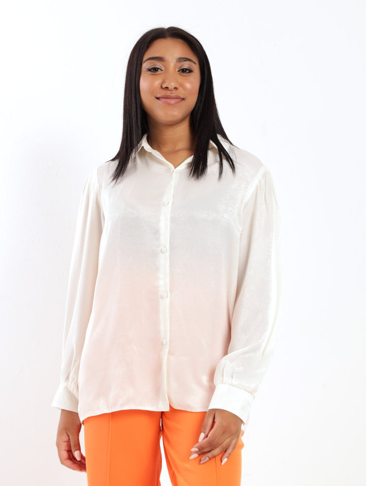Ladies Fancy Button Through Satin Top - Milk