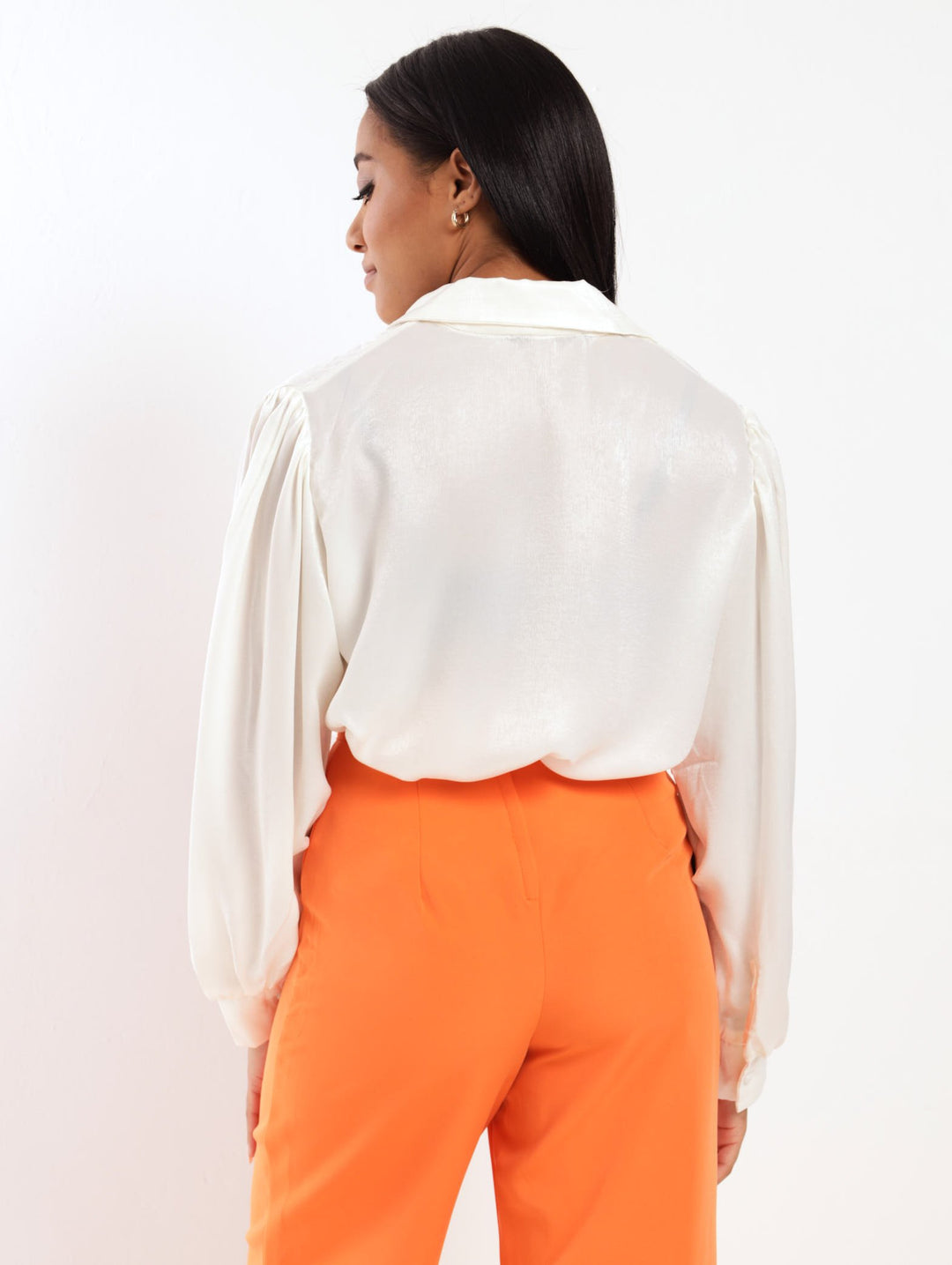 Ladies Fancy Button Through Satin Top - Milk