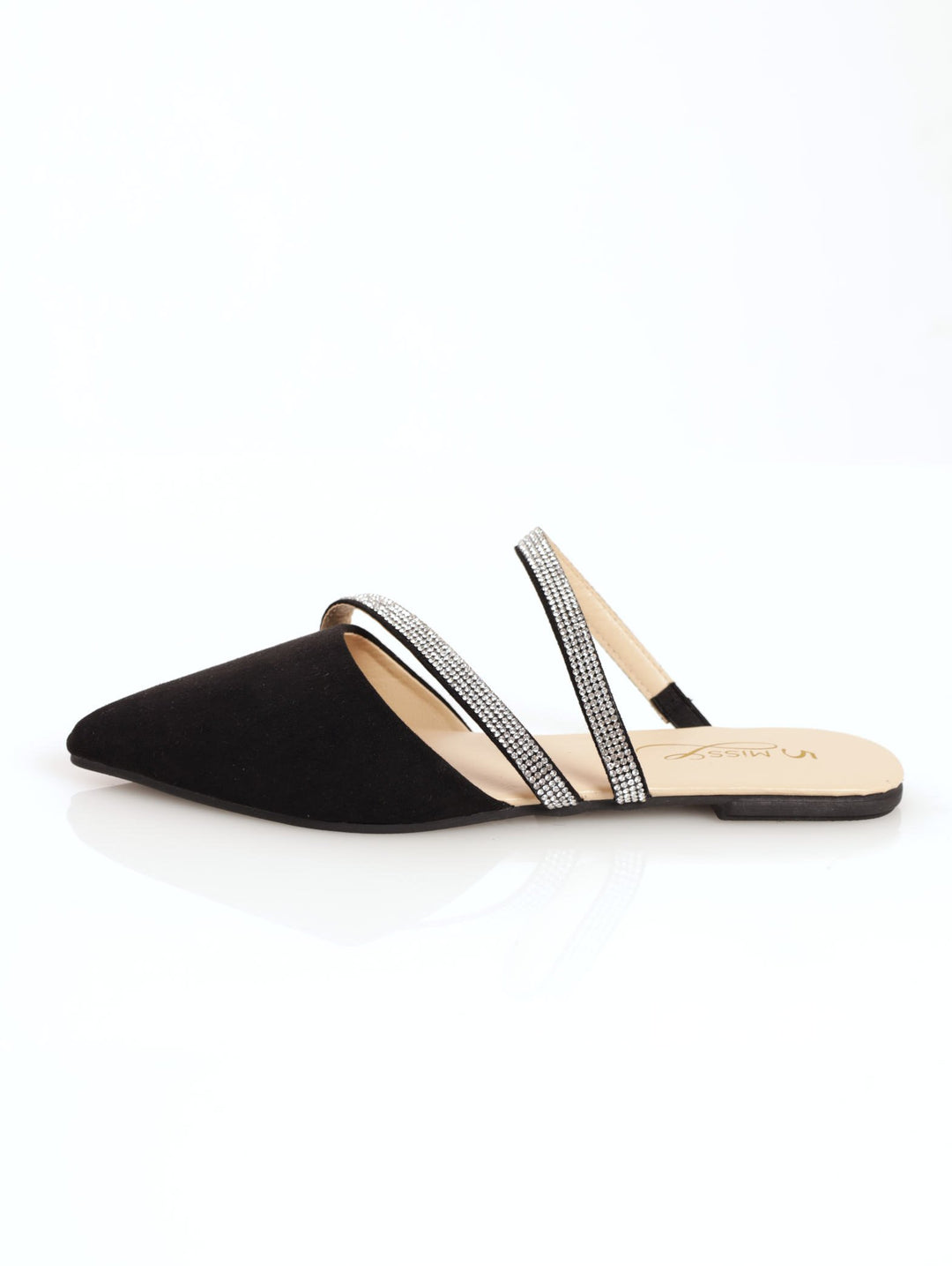 Ladies Push-In Shoe With Aysymetrical Tubular Diamate Strap - Black