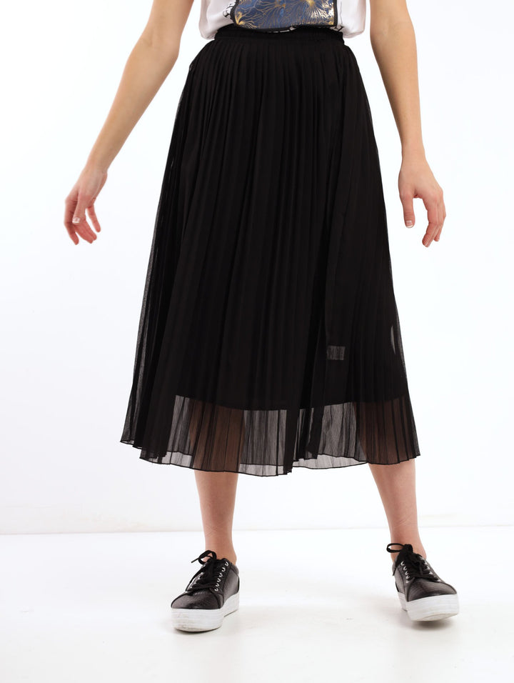 Ladies Midi Chiffon Pleated Skirt - Black