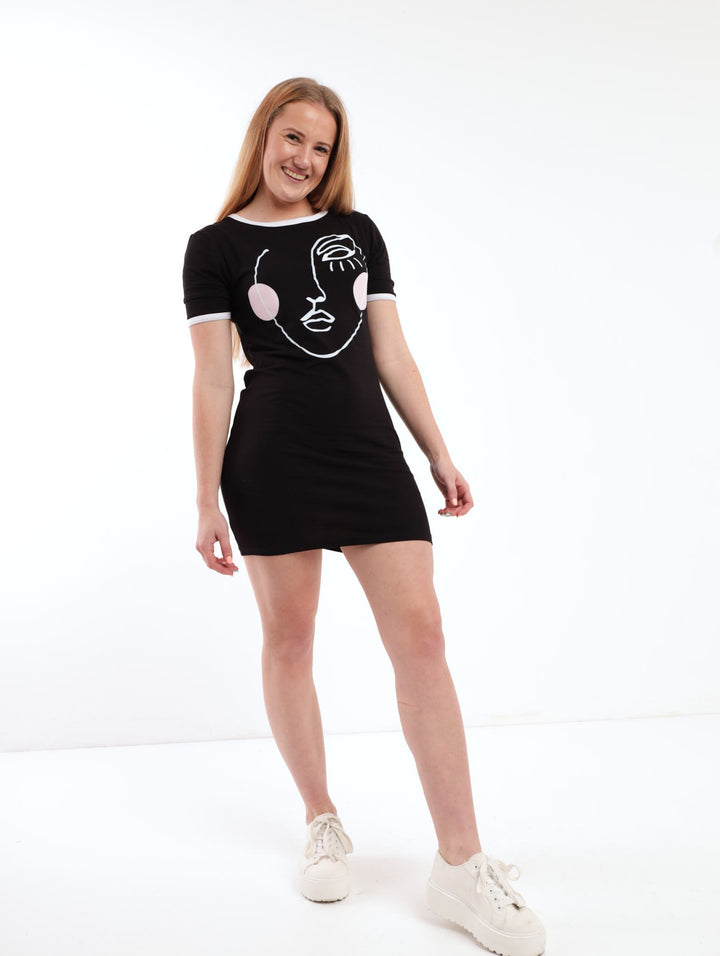 Ladies Ringer Bodycon T-Shirt Dress - Black