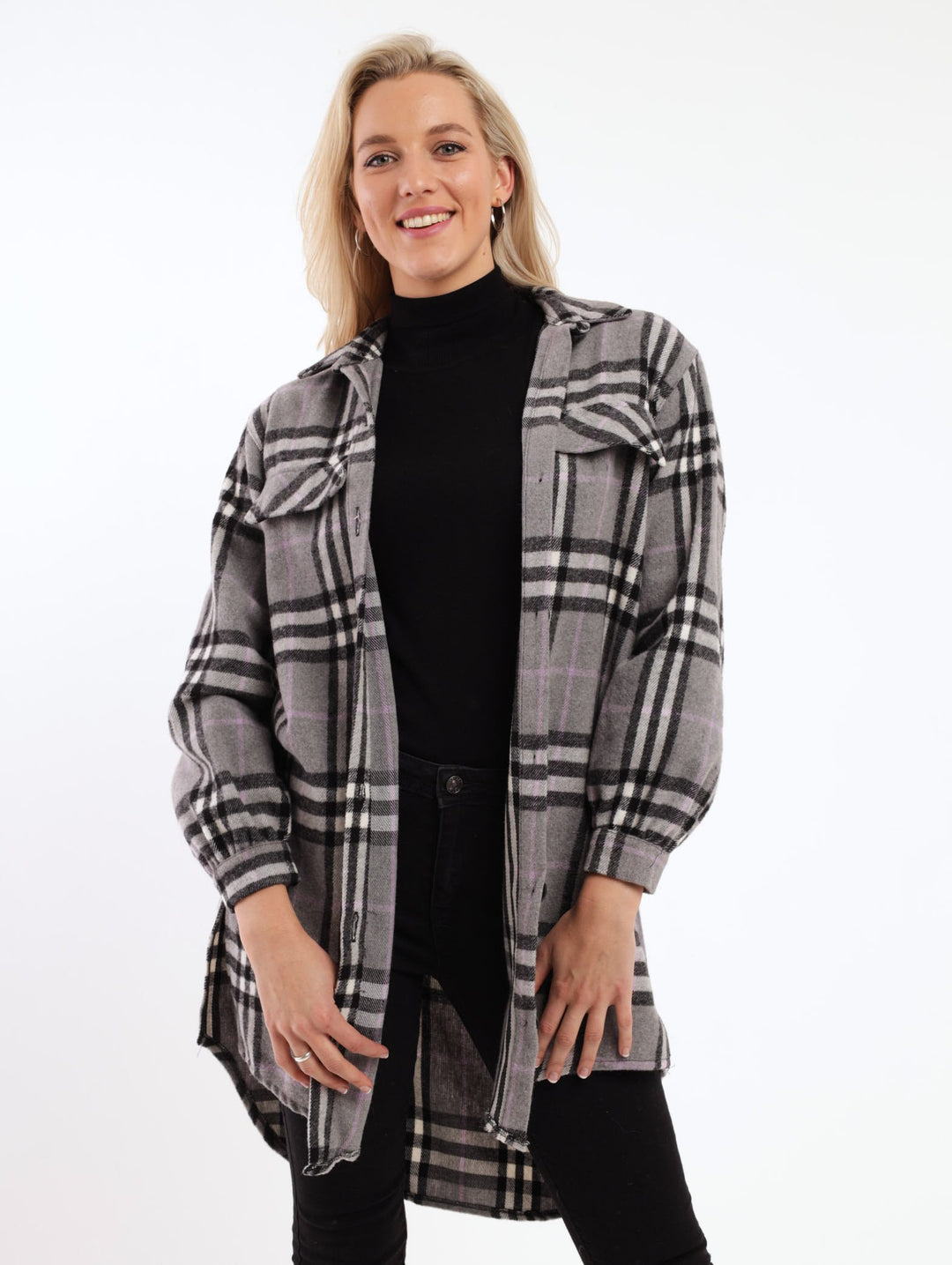 Ladies Oversized Check Shirt - Grey