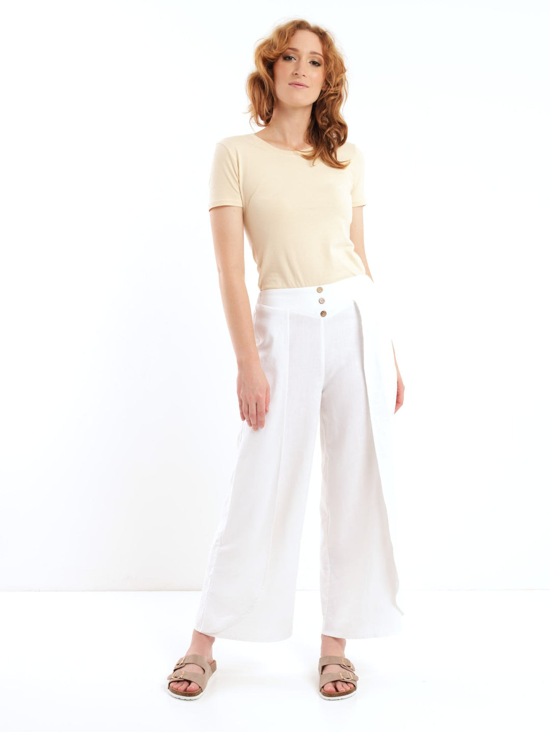 Ladies Wrap Linen Pant - White