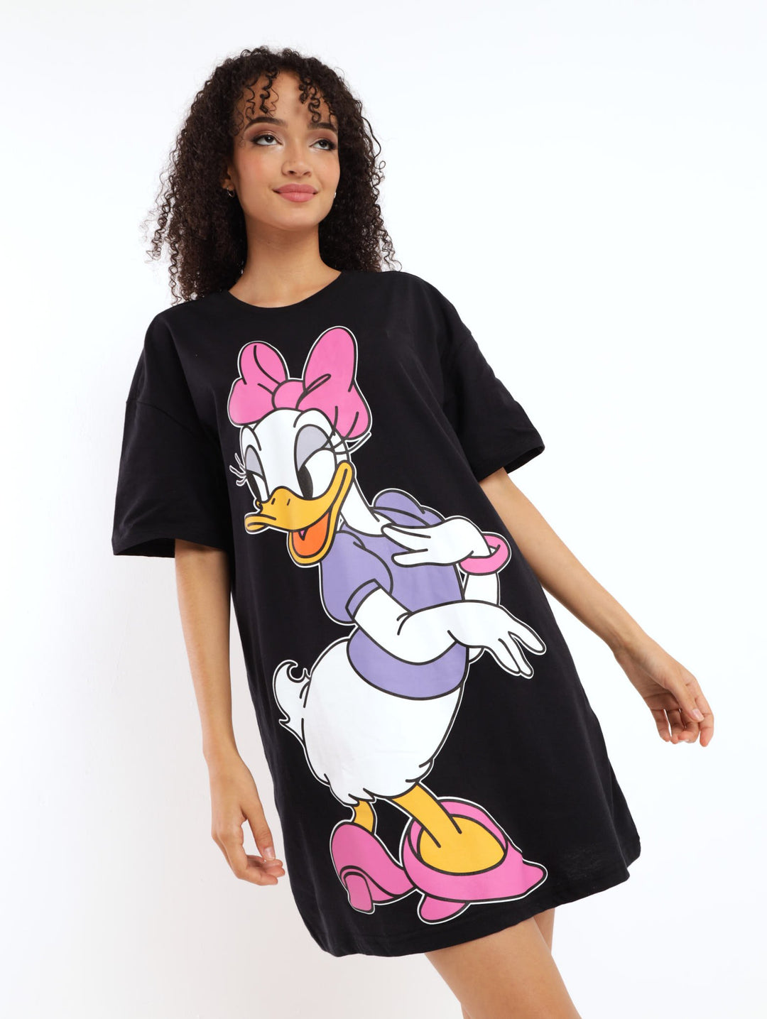 Ladies Short Sleeve Daisy T-Shirt Dress - Black