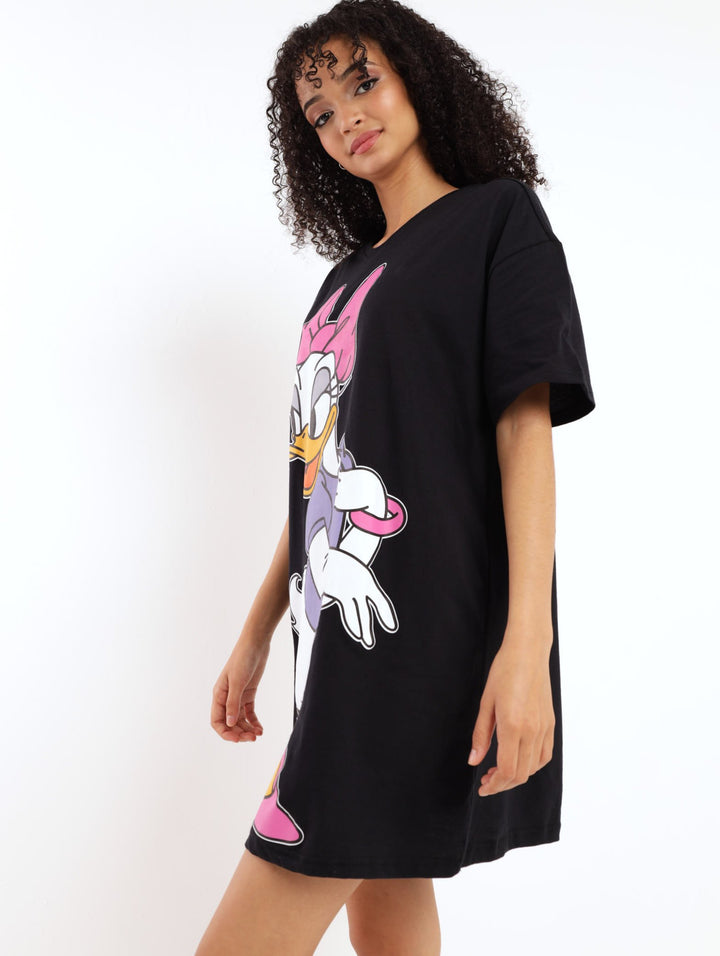 Ladies Short Sleeve Daisy T-Shirt Dress - Black