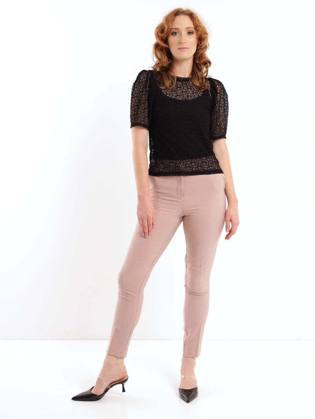 Ladies Short Sleeve Gathered Puff Lace Top - Black