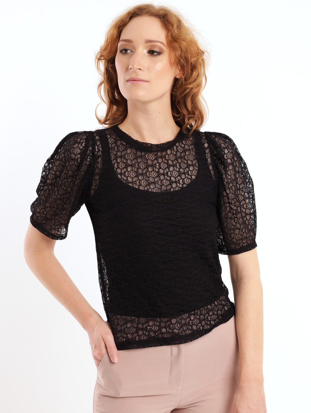 Ladies Short Sleeve Gathered Puff Lace Top - Black