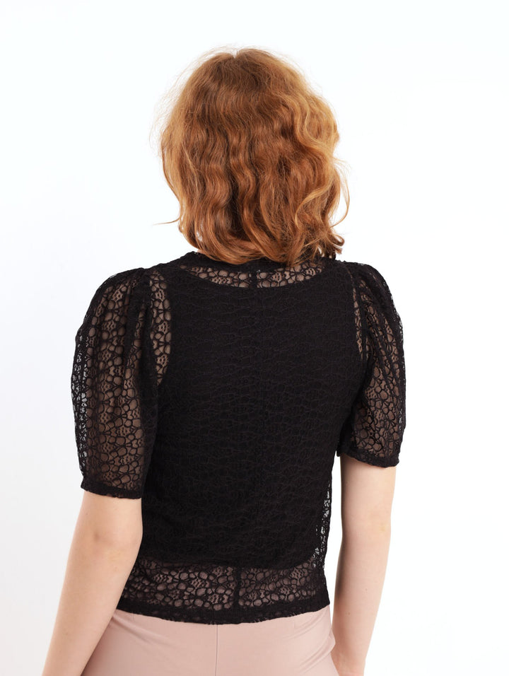 Ladies Short Sleeve Gathered Puff Lace Top - Black