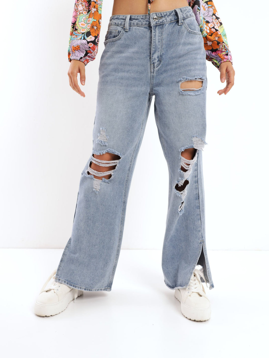 Ladies Stonewash Baggy Abraised Split Hem Denim Jean