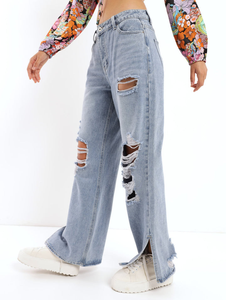 Ladies Stonewash Baggy Abraised Split Hem Denim Jean