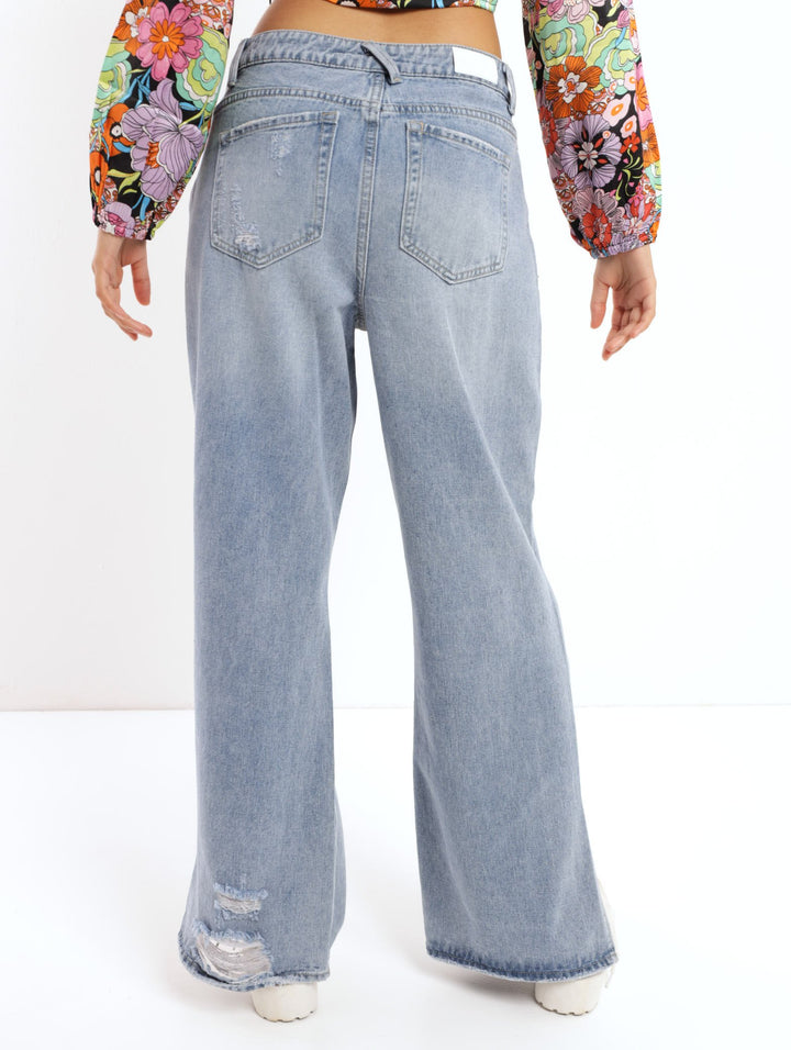Ladies Stonewash Baggy Abraised Split Hem Denim Jean