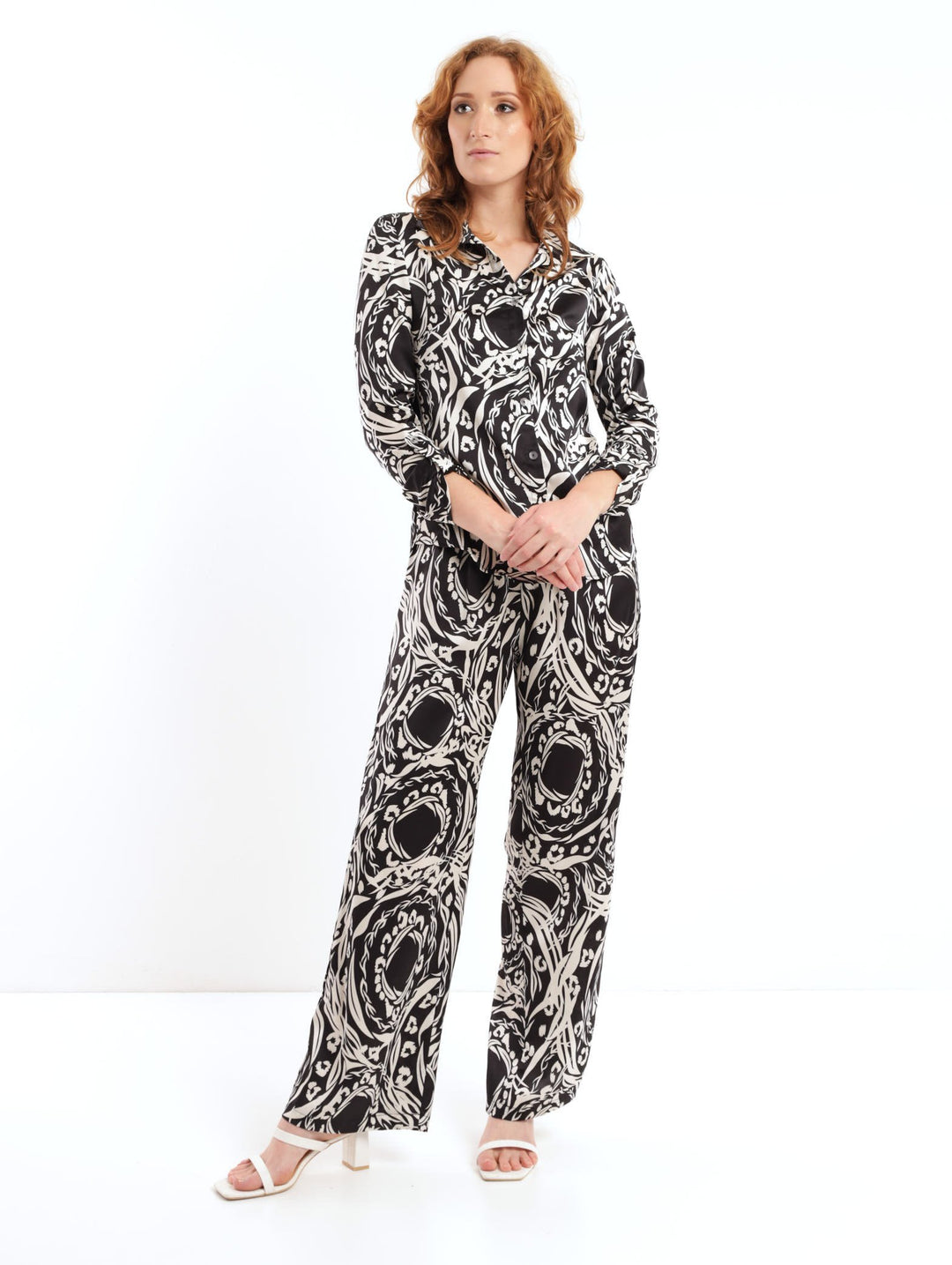 Ladies Satin Printed Shirt - Cream