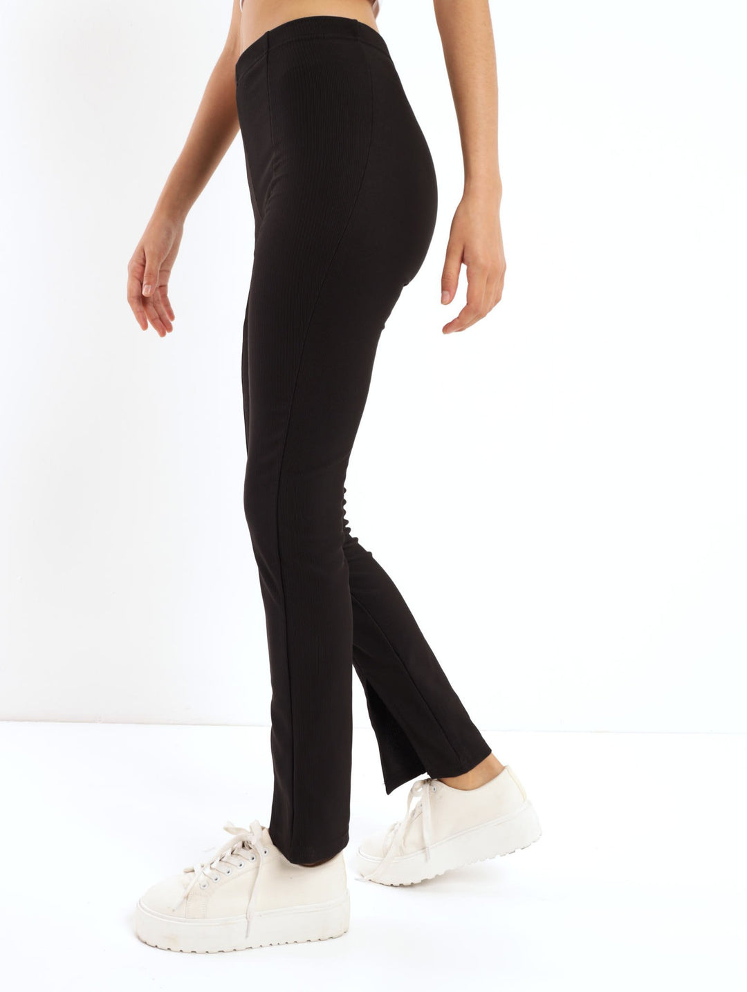 Ladies Ottoman Flared Front Slit Pant - Black