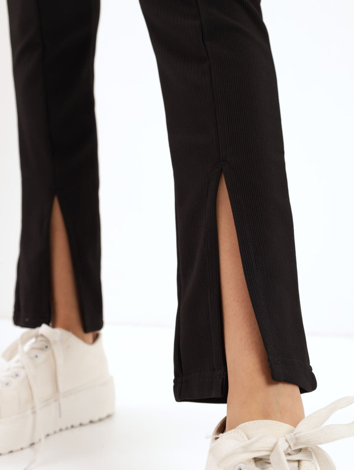 Ladies Ottoman Flared Front Slit Pant - Black