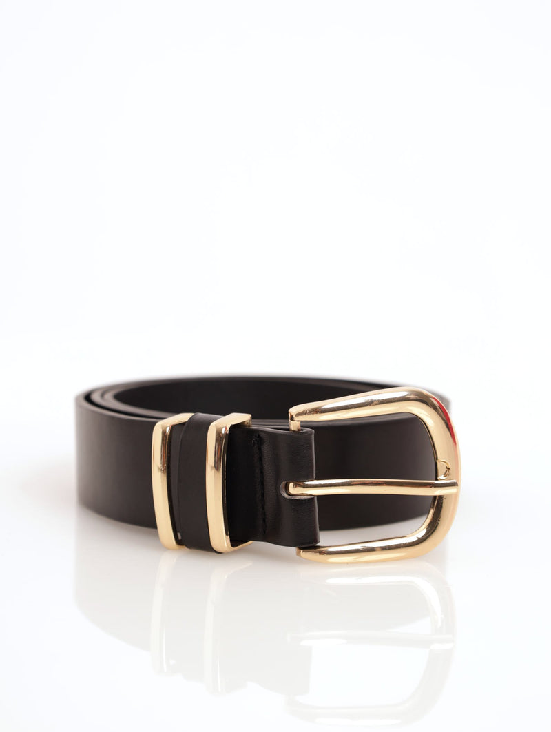 Ladies Rounded Buckle Double Gold Loop Belt - Black