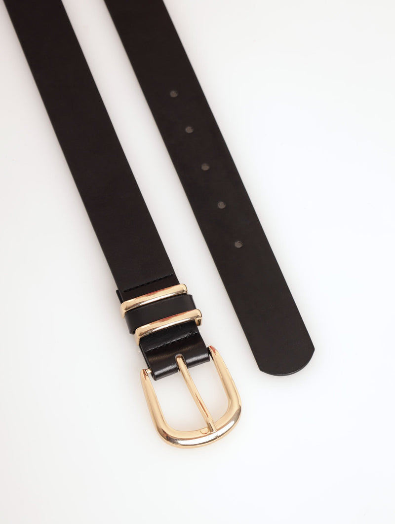Ladies Rounded Buckle Double Gold Loop Belt - Black