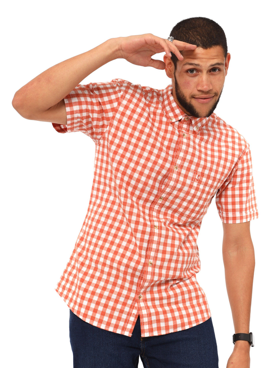 Men's Short Sleeve Gingham Shirt - Orange