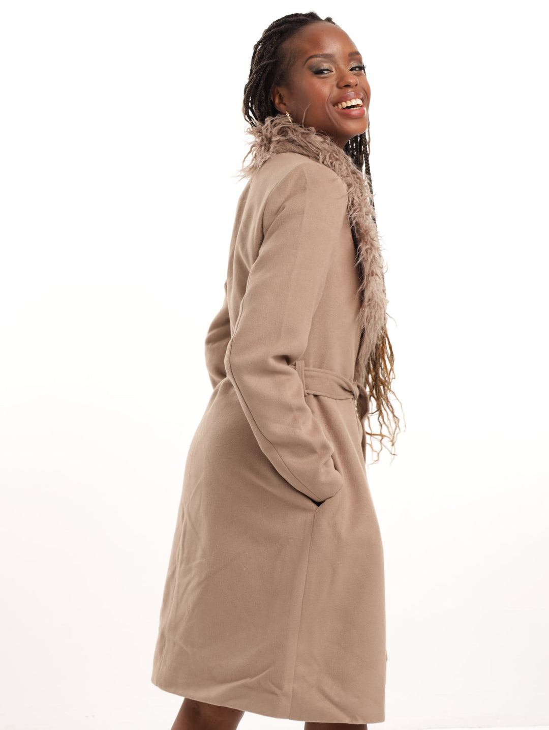 Ladies Shaggy Fur Trim Coat - Tan