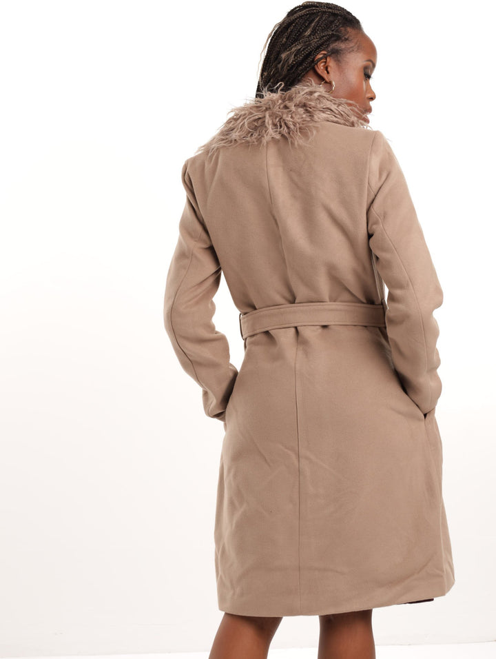 Ladies Shaggy Fur Trim Coat - Tan