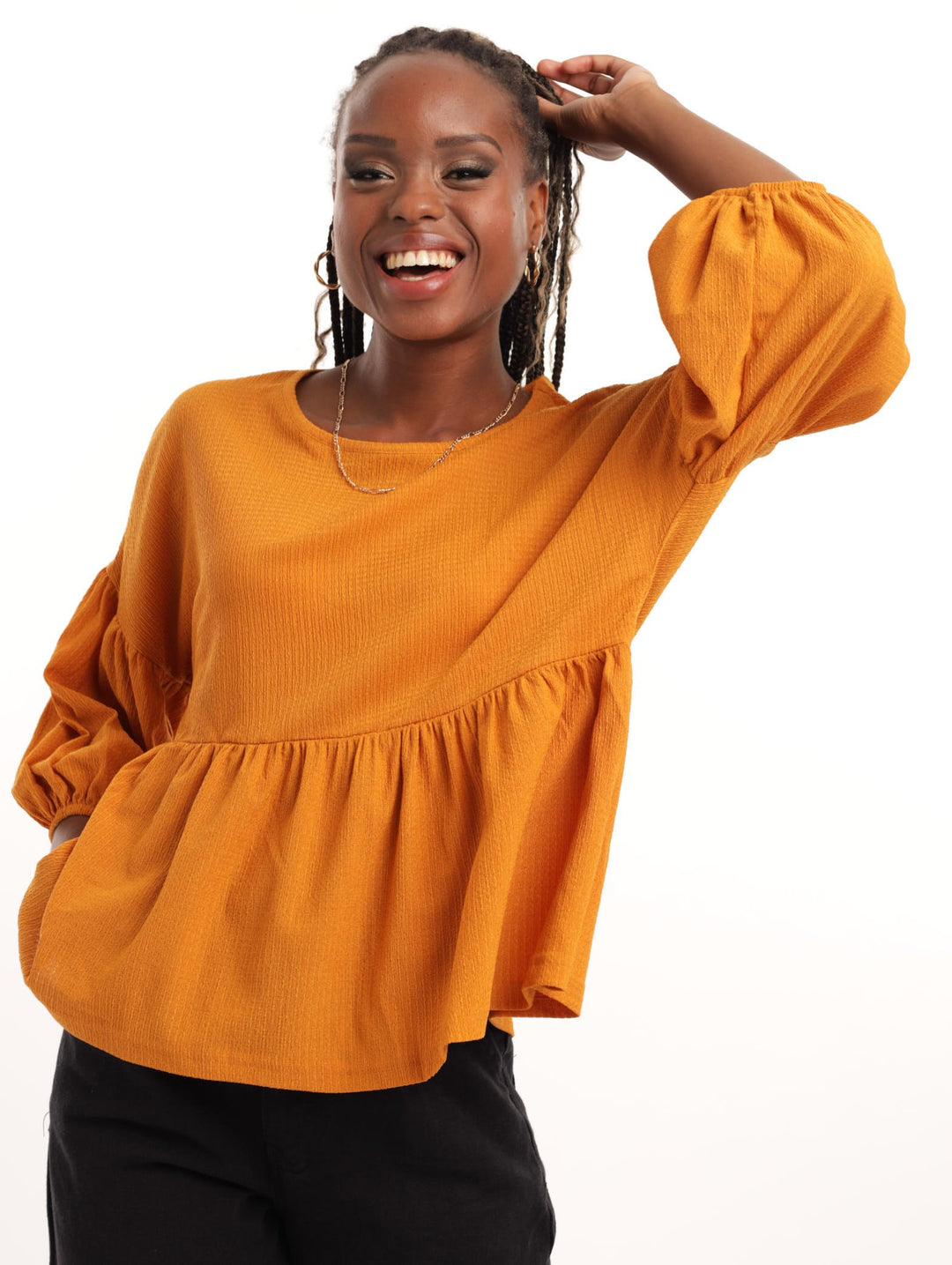 Ladies Ladies Crinkle Puff Sleeve Peplum Top Mustard – Edgars