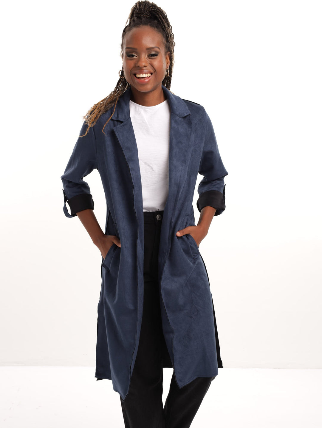 Ladies Suede Soft Trench Coat - Navy