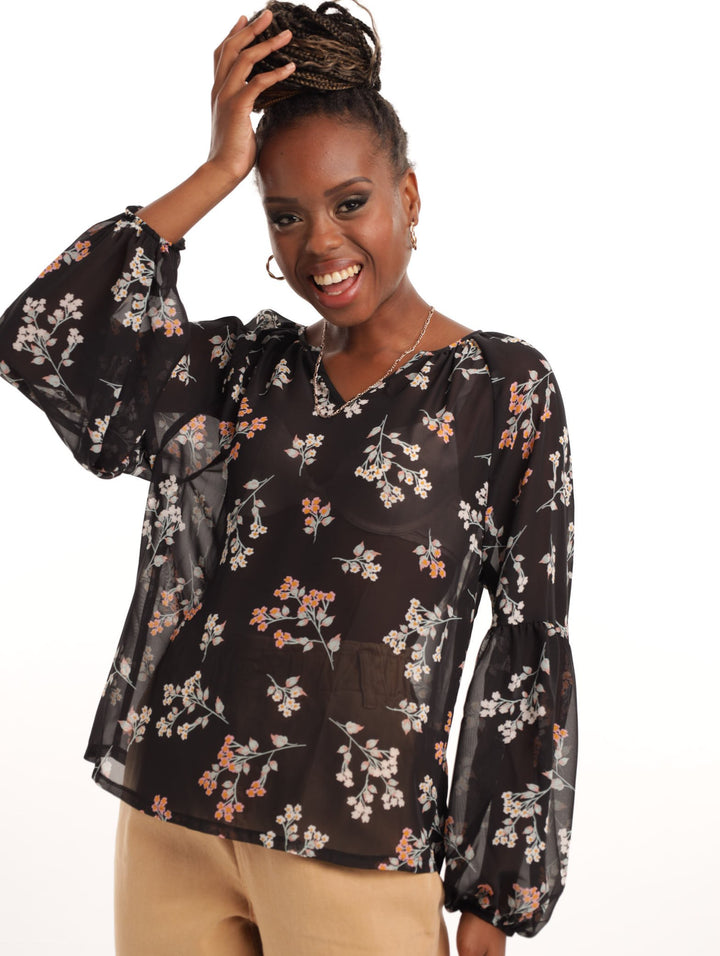 Ladies Floral Puff Sleeve Chiffon Blouse