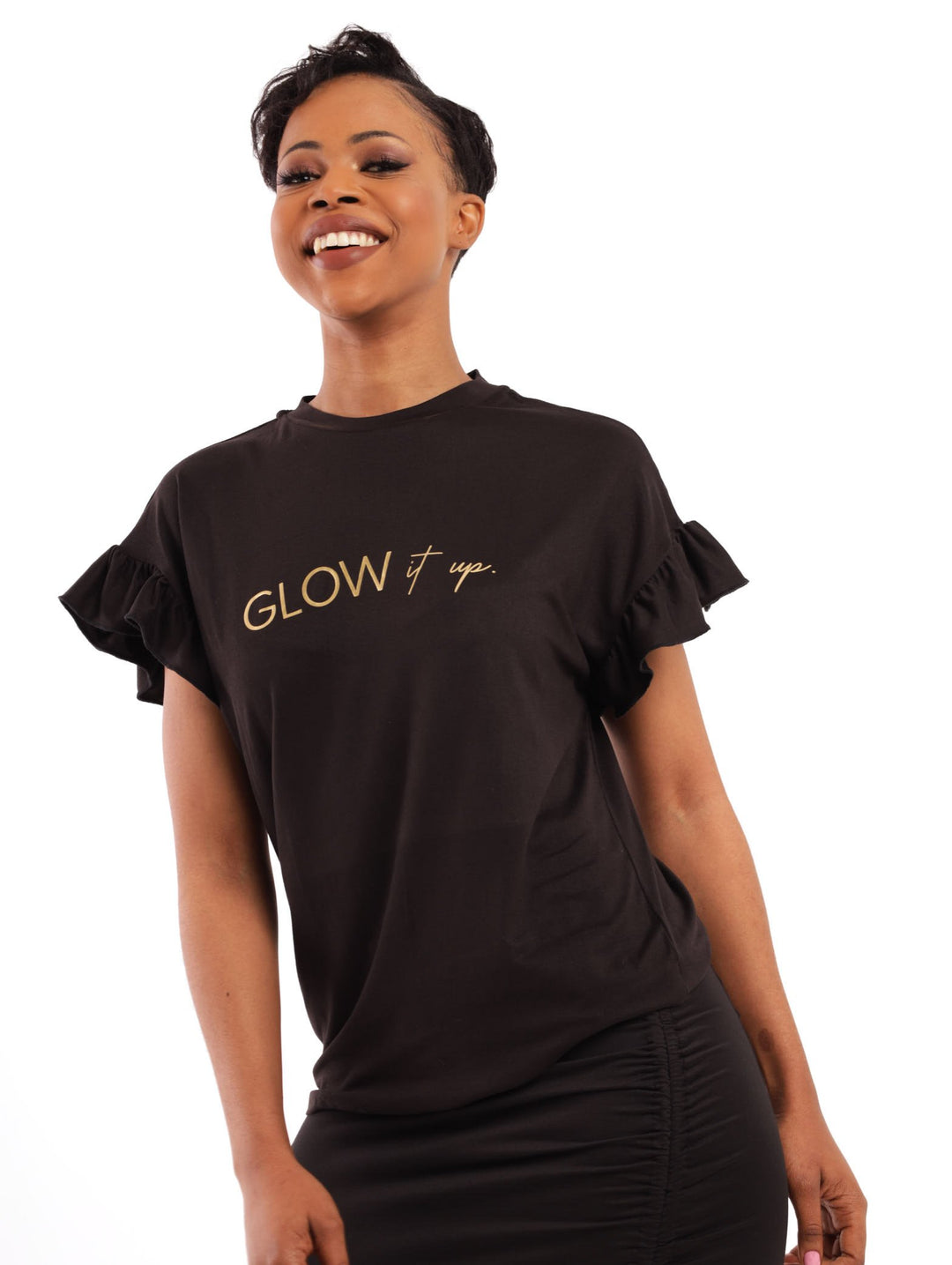 Ladies Short Sleeve Frill Sleeve Top - Black