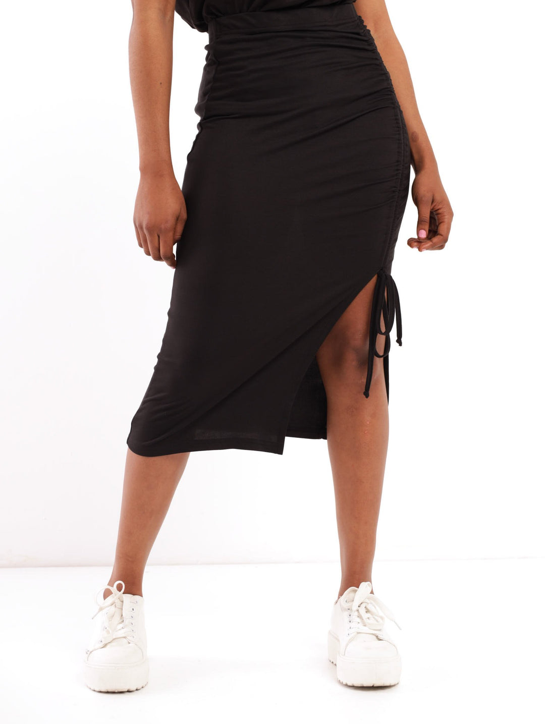Ladies Ruched Tube Midi Skirt - Black