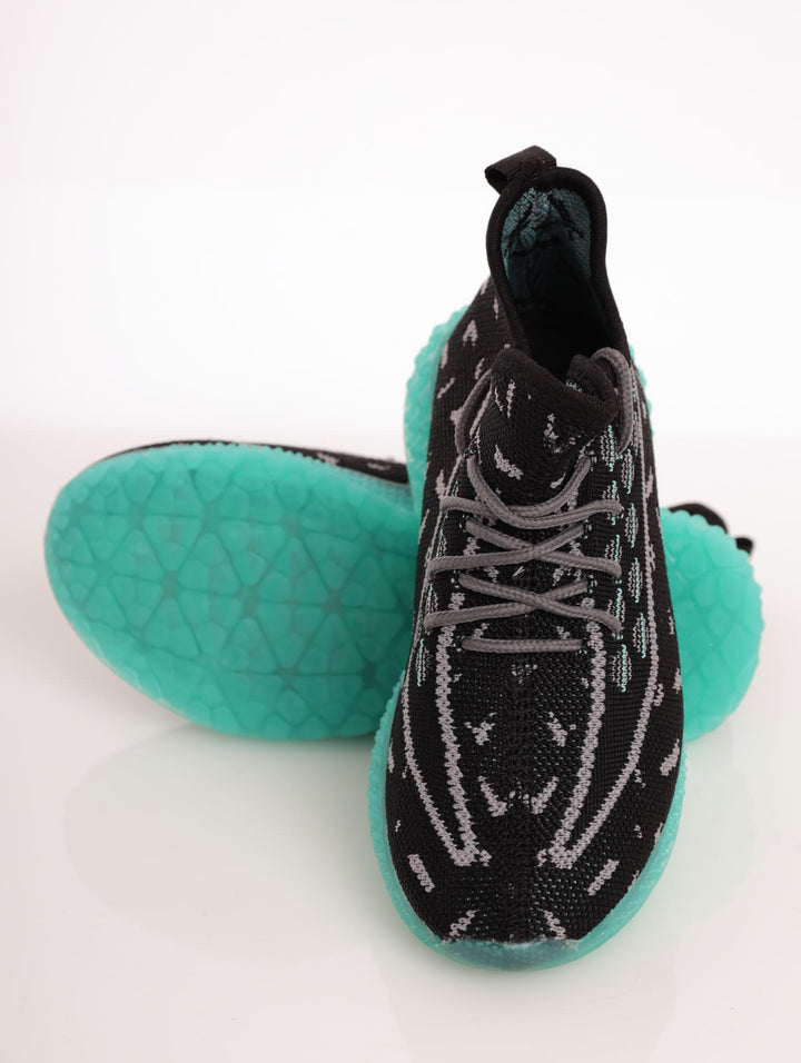 Boys Knit Light Up Sneaker With Turquoise Outsole - Black