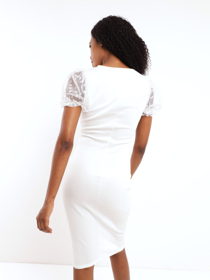 Ladies Mesh Sleeve Cup Detail Bodycon Dress - White