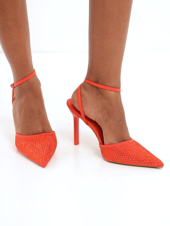 Ladies Hi-Stiletto Diamante Court Heel - Orange