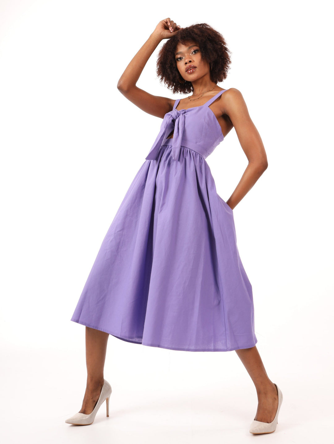 Ladies Tie Front Strappy Midi Dress - Light Purple