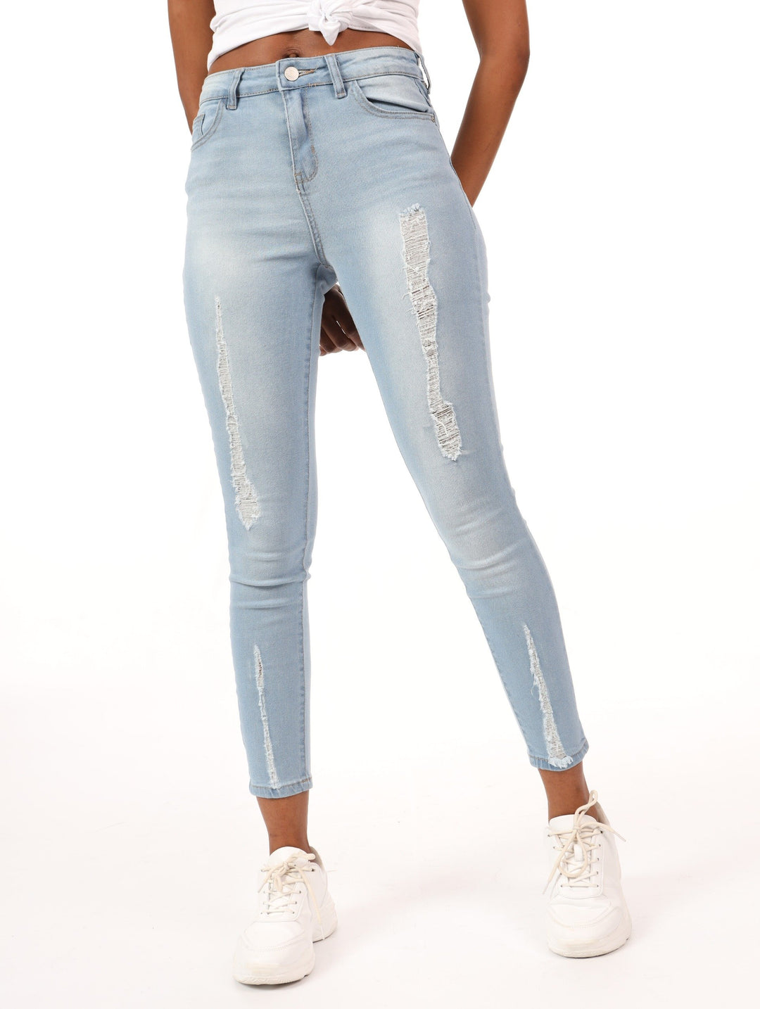 Ladies Bleach Ladder Leg & Hem Skinny Denim Jean