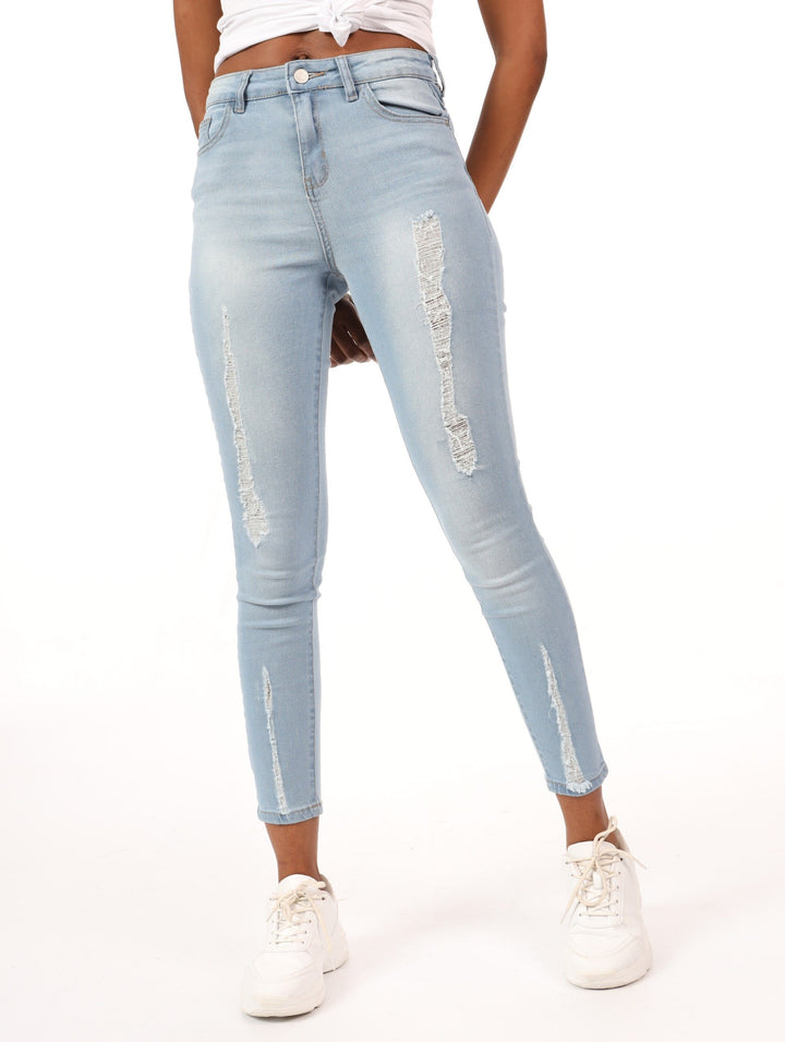 Ladies Bleach Ladder Leg & Hem Skinny Denim Jean