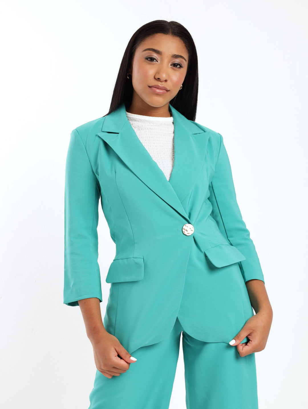 Ladies Curved Hem Blazer - Aqua