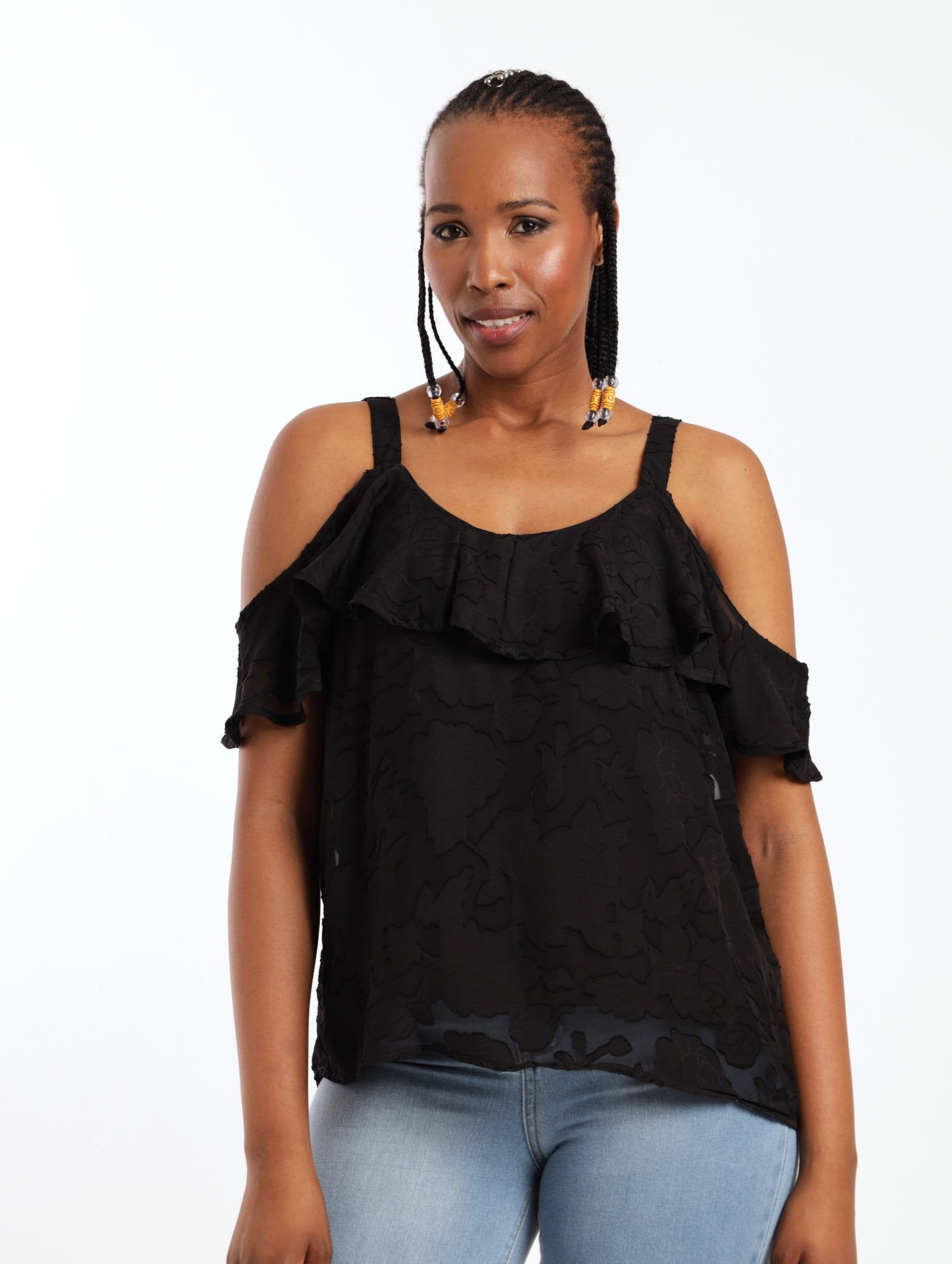 black ruffle cold shoulder top