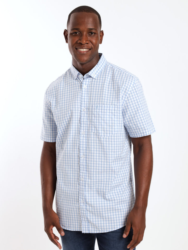 Men's Short Sleeve Gingham Shirt - Light Blue