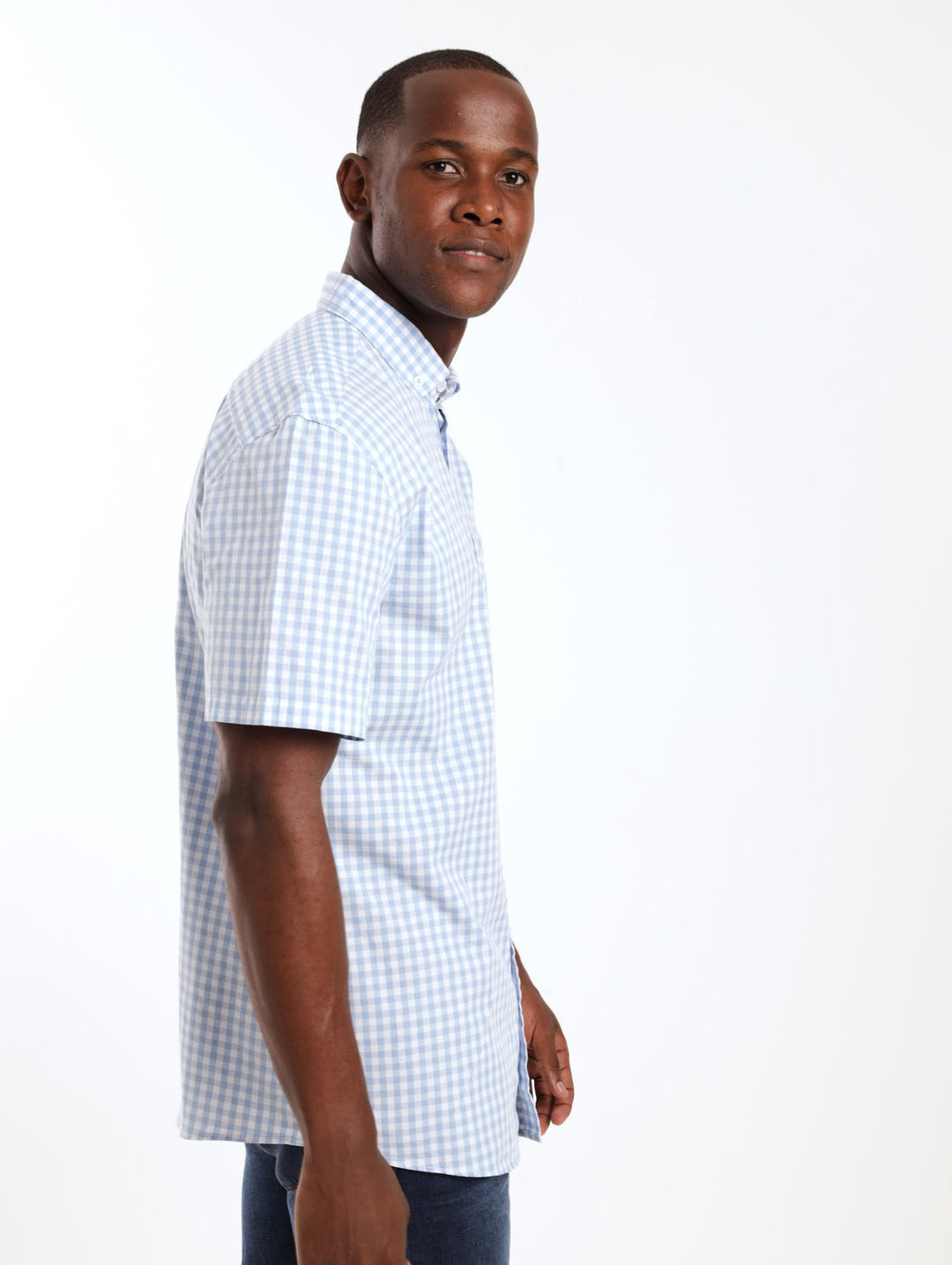 Men's Short Sleeve Gingham Shirt - Light Blue