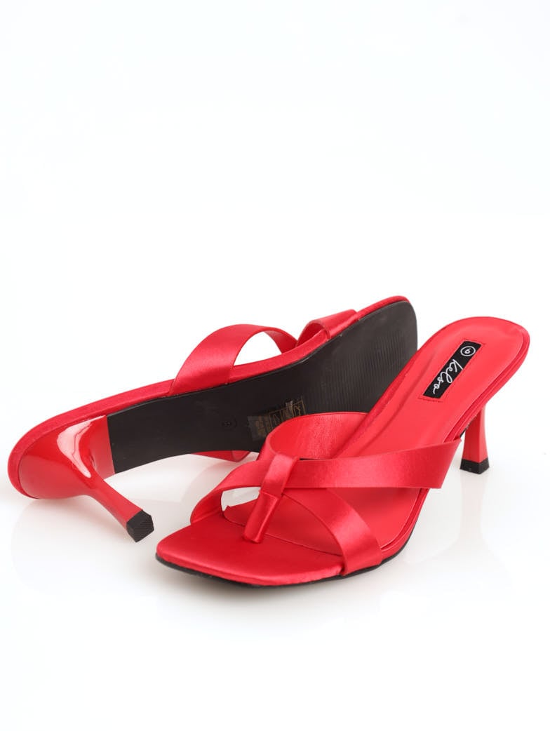 Ladies Cross-Over Push-In Kitten Heel With Toe-Post - Red