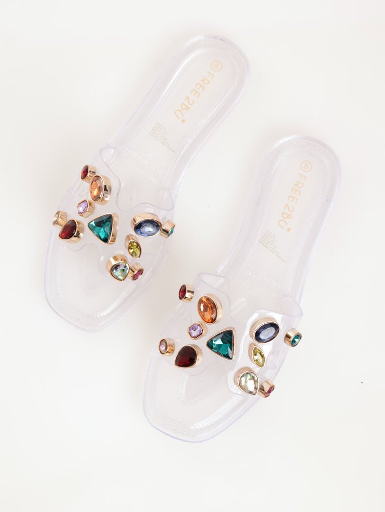Ladies Heavy Multi-Colour Jewel Jelly Sandal - Clear