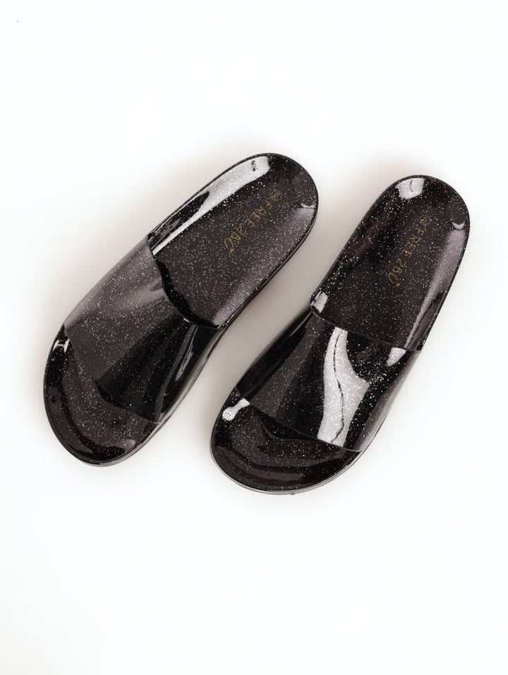 Ladies Plain Glitter Jelly Slide Sandal - Black