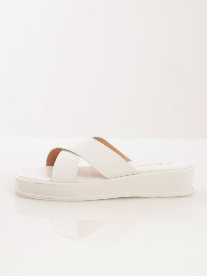 Ladies Cross-Over Flat Form Sqaure-Toe Mule Sandal - White