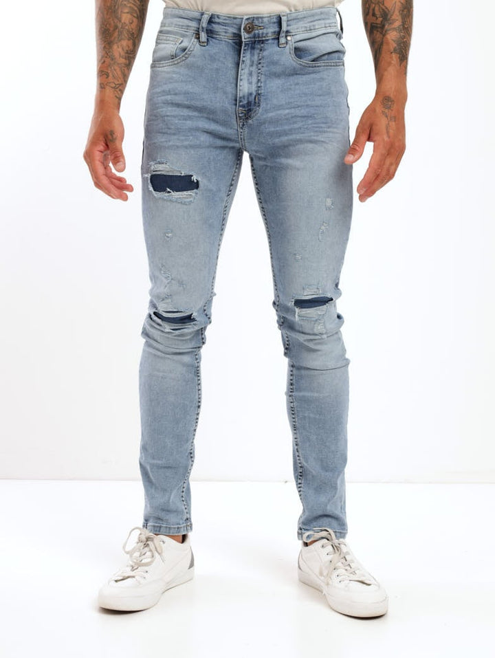 Men's Light Wash Trio Ripped Super Skinny Denim Jean