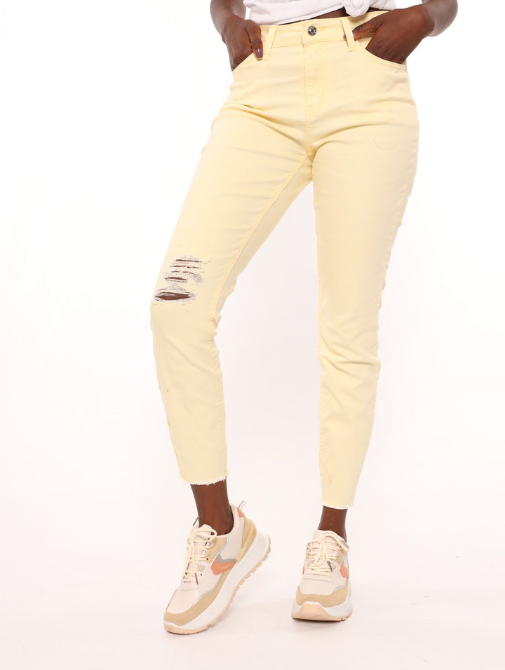 Ladies Yellow Hi-waist Abraised Color Skinny Denim Jean