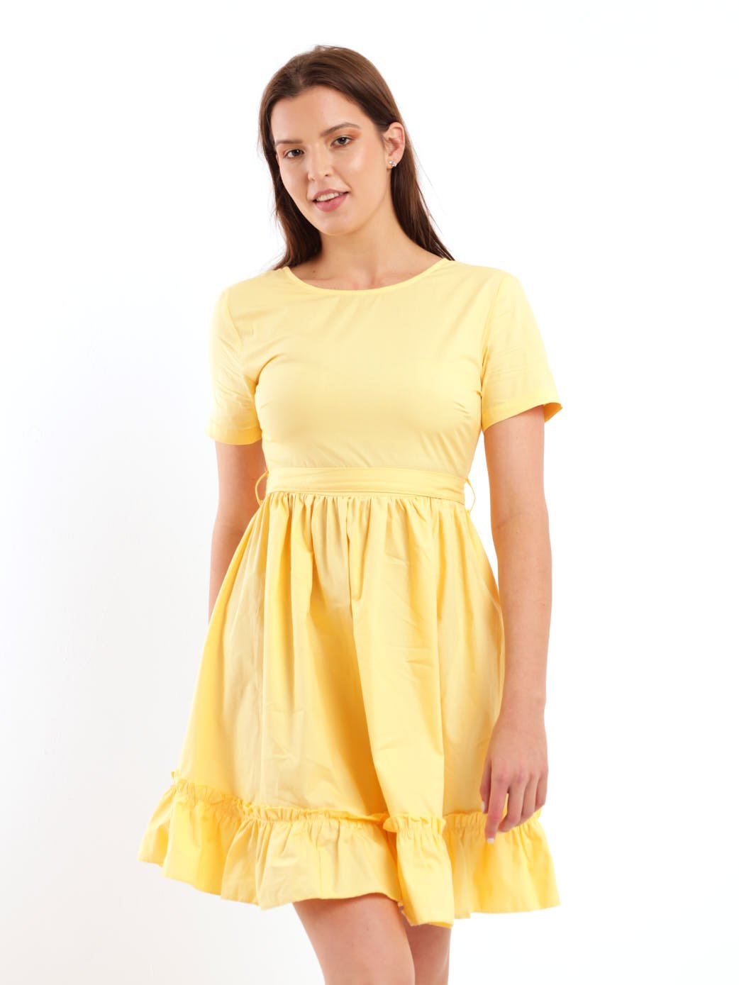 Ladies Short Sleeve 50s Poplin Tea Dress - Yellow